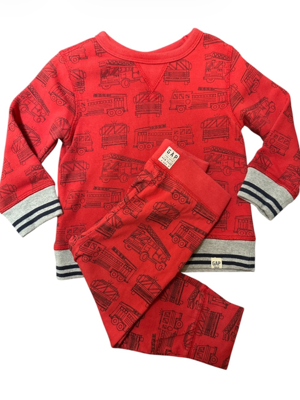 GAP Kids Red Firetruck Print Matching Set with Grey Striped Cuffs